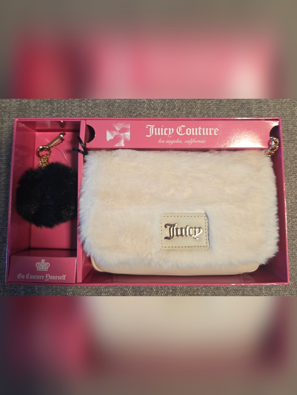 Juicy Couture Cream Angel Flap Crossbody Purse Faux Fur with Black Pom Keychain